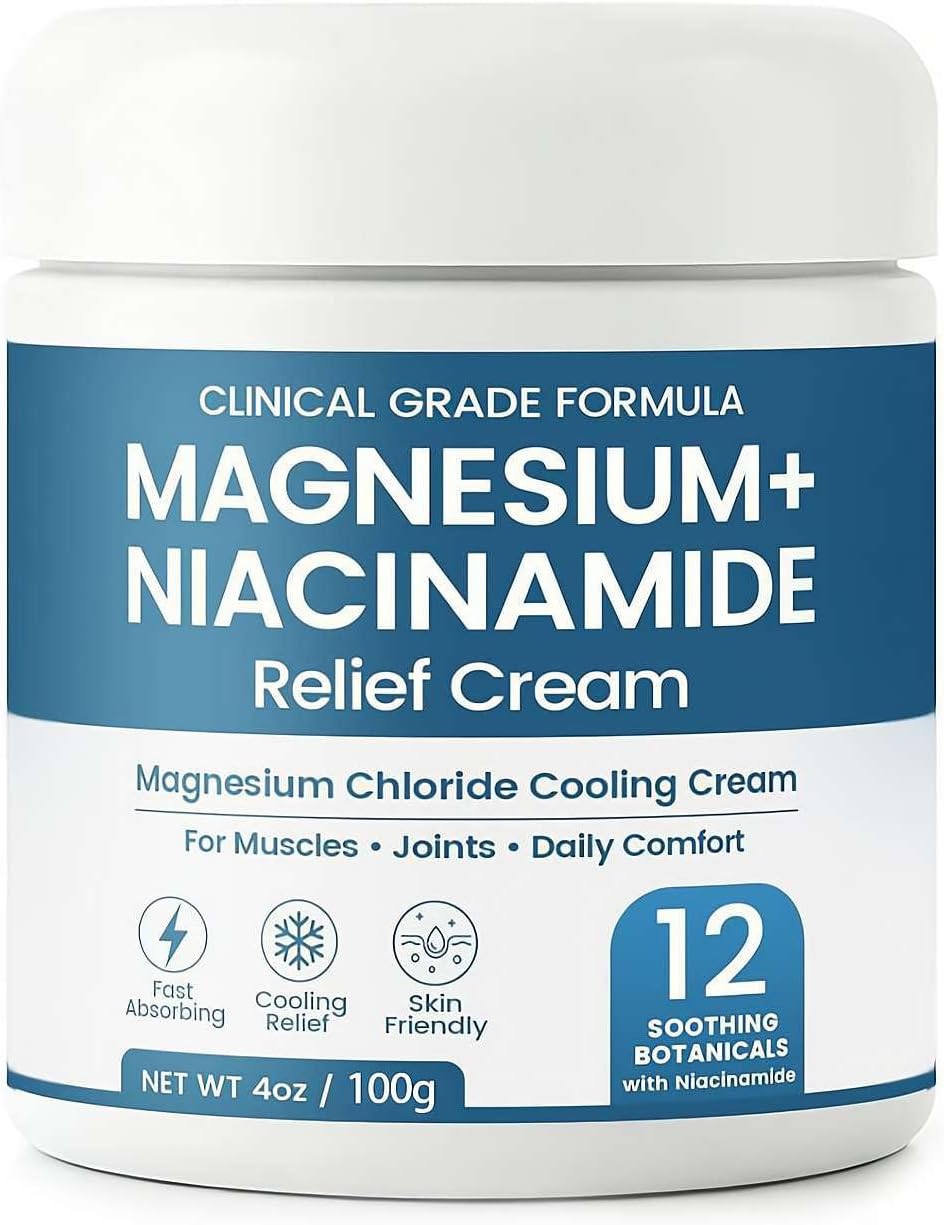 Magnesium Niacinamide Relief Cream, Magnesium Cream for Joints, Leg, Foot, 12 Ingredients for Relief, Fast Acting Cooling Formula, Lightweight, Non-Greasy