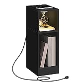 MAHANCRIS Narrow Nightstand, Slim End Table with Charging Station and LED Sensor Light, Modern Side Table, Bedside Table, for Small Spaces, Living Room, Bedroom, Black