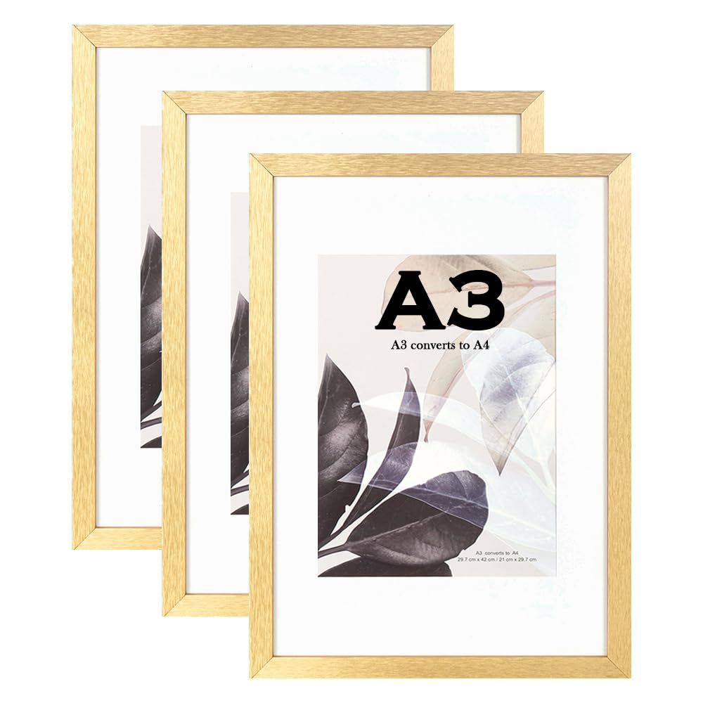 Scholar Tree Gold Wooden Picture Frame A3 with Mat,Set of 3, Mount for A4 Picture or Certificate,Wall Mountable