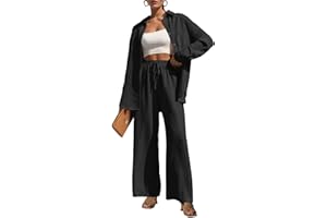 Lepunuo 2 Piece Outfits for Women Casual Lounge Sets Long Sleeve Button Down Shirts and Wide Leg Pants Sets Tracksuit