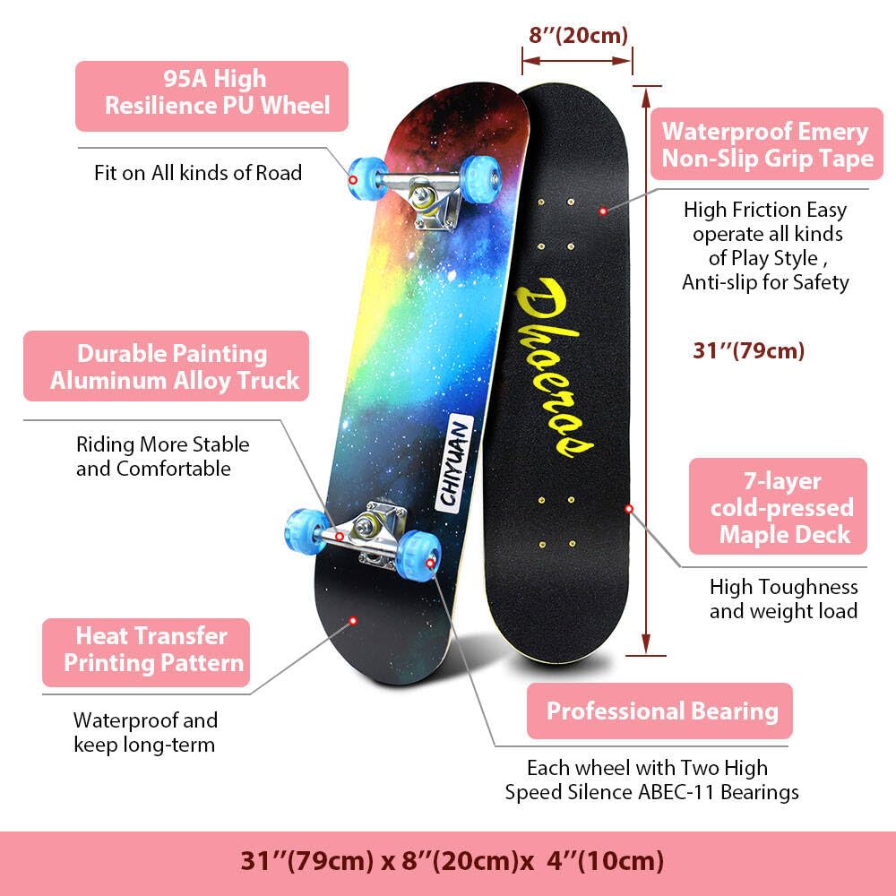 Easy_Way Complete Skateboards- Standard Skateboards for Beginners Kids Boys Girls Teenager- 31''x 8''Canadian Maple Cruiser Pro Skate Board, Skateboards