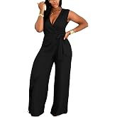 Btokuga Jumpsuits for Women Casual V-Neck Sleeveless Tie Waist Wide Leg Pants Rompers One Piece Jumpsuits Sexy Club Outfits