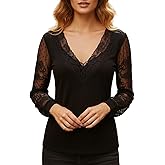 Womens Lace Trim V Neck Blouse Sheer Long Sleeve Shirt Slim Fit Sexy Casual Top Cocktail Party Clubwear