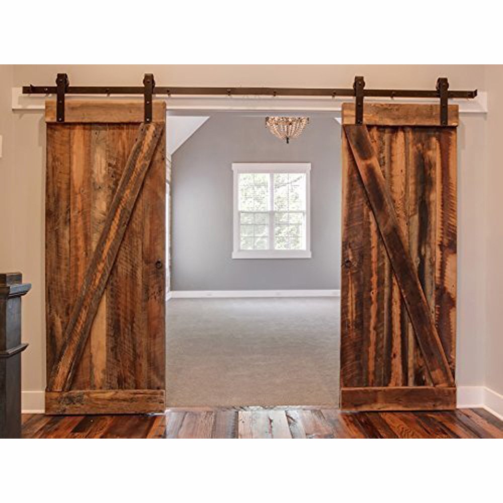 WINSOON 5-18FT Sliding Barn Wood Door Hardware Cabinet Closet Kit Antique Style for Double Doors Black Surface (12FT /144" 2 Doors Track Kit)