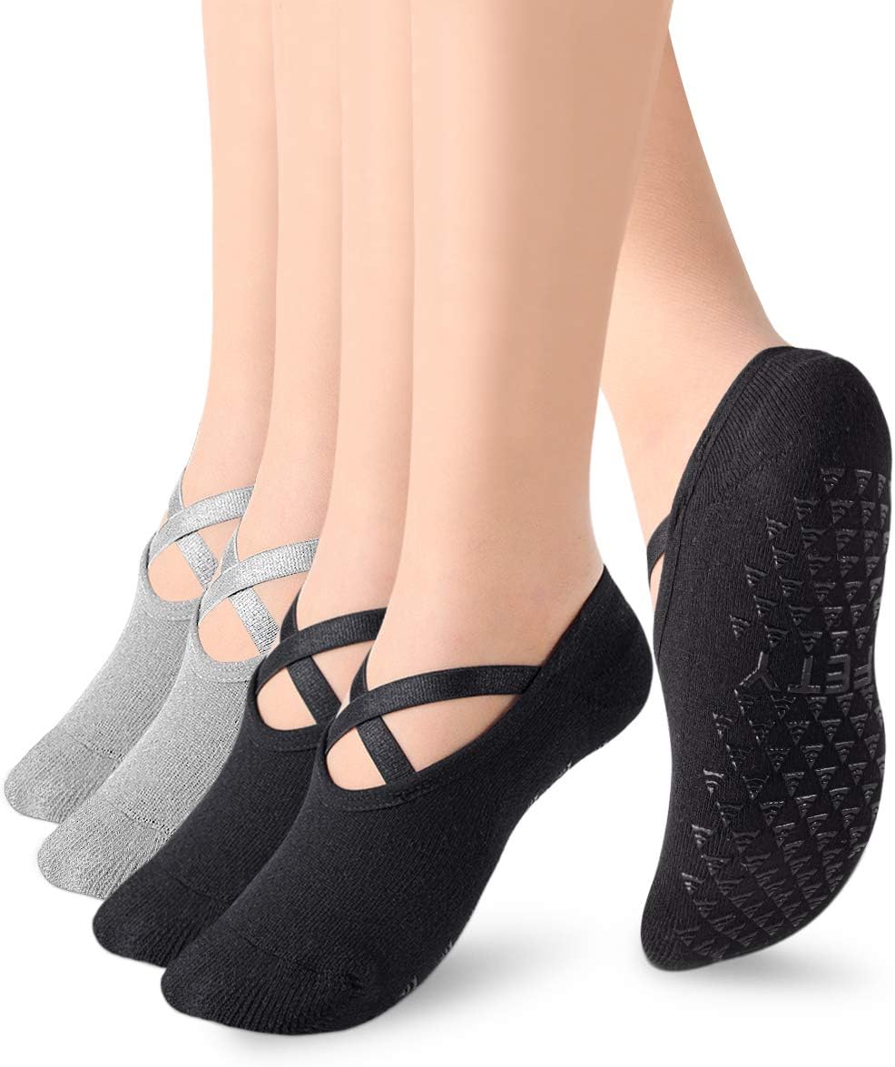 Yoga Socks with Grips for Women, Non Slip Sticky Sock for Pilates & Pure Barre & Hospital & Walking & Dance & Indoor (4 Pack)