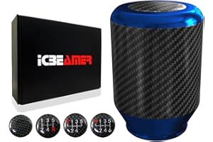 ICBEAMER Blue Aluminum w/ 100% Real Carbon Fiber 2.5" Shift Knob for Buttonless Automatic and 4, 5 and 6 Speed Manual Transmission Vehicles, Carbon Fiber Grip, Black Top and Bottom