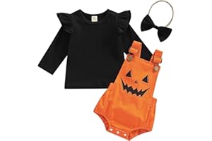 LouVasabuce Newborn Halloween Baby Girls Outfit Fly Long Sleeve Ribbed Top+ Pumpkin Ghost Printing Suspender Romper+ Headwear