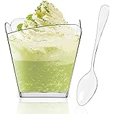 PLAZOTTA 100 Pack 3.5 oz Clear Plastic Dessert Cups with 100 Tasting Spoons, Square Parfait Appetizer Cups for Party, Wedding