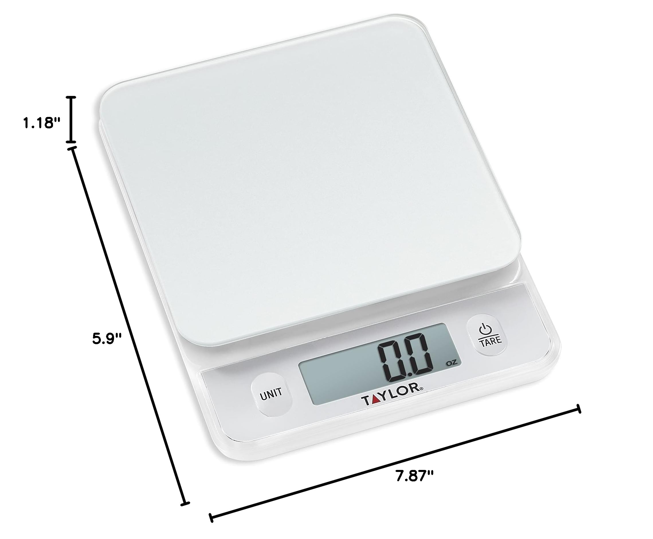 Taylor Glass Top Food Scale with Touch Controls, 11 lb Capacity, Sleek Silver Design, Accurate and Easy-to-Use Scale for Cooking and Baking