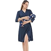 Galabloomer Maternity Robe and Baby Receiving Blanket, Matching Mommy Labor Delivery Robe and Swaddle Set Navy blue