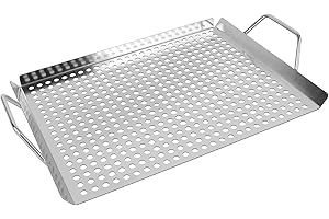 Luoieo 11 x 14 Inch Nonstick Grill Tray with Handles,Perforated Stainless Steel Grill Pans for Outdoor Grill,Heavy Duty Grilling Accessories for Charcoal Gas Grills,Easy to Use and Clean (11 * 14)