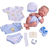 8 piece Layette Baby Doll Gift Set | JC Toys - La Newborn Nursery | 14" Life-Like Smiling Doll w/ Accessories | Blue | Ages 2+