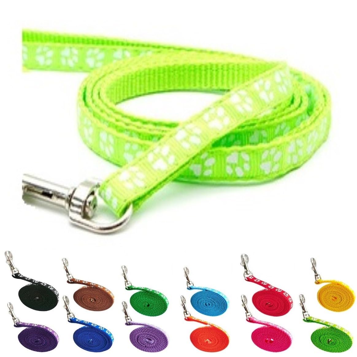 Small Dog Puppy Pet Cat Kitten Lead Pawprint Design Lightweight Nylon Metal Clip 120cm Leash Fluorescent Bright Green