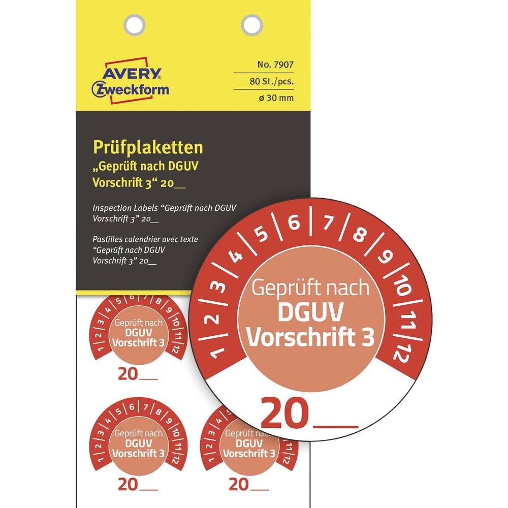 AVERY Zweckform Pack of 80 Test Badges, Tested According to DGUV Regulation 3 20xx (with Year to Enter Yourself, Durable, self-Adhesive, Diameter 30 mm, Test Sticker, Vinyl Test Seal), 7907 red