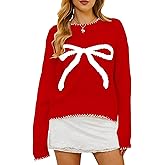 Milumia Women's Bow Print Drop Shoulder Long Sleeve Sweater Crew Neck Knit Fall Tops
