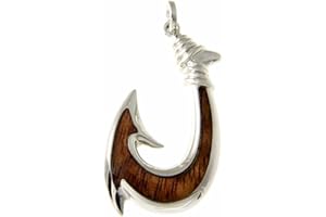 Arthur's Jewelry Koa Wood Hawaiian Wave Fish Hook Rhodium Plated Brass Reversible Pendant