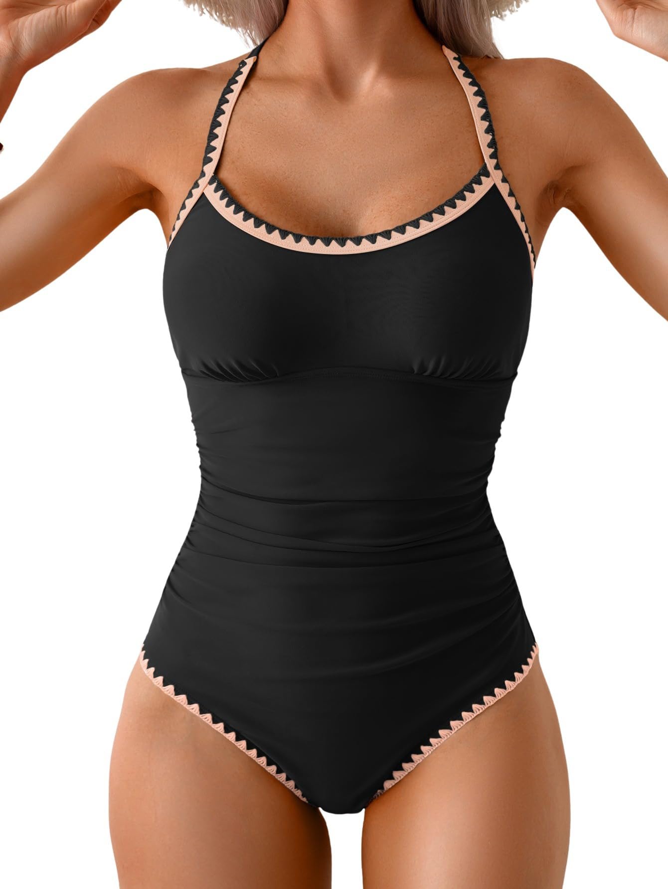 Photo 1 of Eomenie Women's One Piece Swimsuit Tummy Control Slimming Bathing Suit Ruched Swimwear Tie Back Shell Stitch Swim Suit Black
