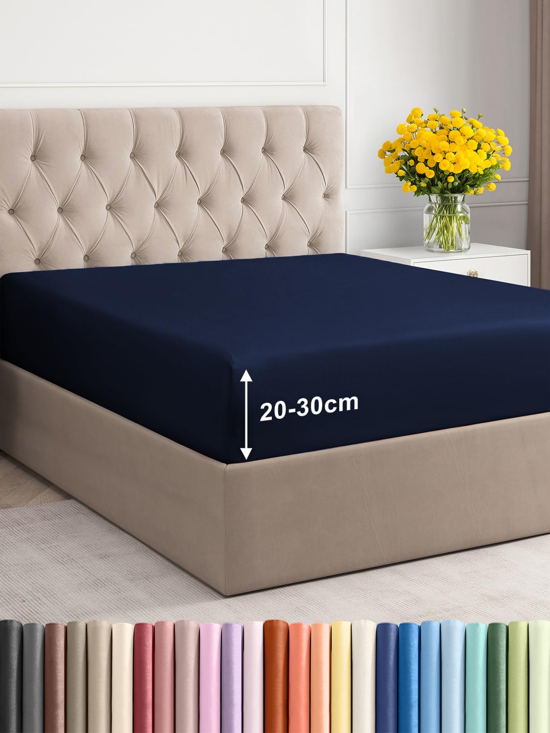 King Fitted Bed Sheet – Deep Pocket – Fits Mattress up to 30cm (12") – Soft Brushed Microfiber – OEKO-TEX Certified – Fade & Shrink Resistant – Bottom Sheet – Easy Care – Navy Blue Colour, 150x200cm