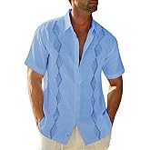 Makkrom Men Cuban Guayabera Shirts Linen Short Sleeve Button Down Cotton Mexican Beach Wedding Shirt
