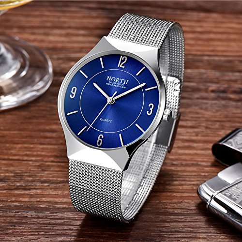 NORTH Silver Stainless Steel Mens Watch Fashion Analog Quartz Men Wrist Watches Casual Waterproof Military Wristwatch for Men Blue
