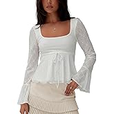 Cioatin Women Y2K Flowy Peplum Babydoll Tops Fall Outfits Long Sleeve Square Neck Sheer Floral Lace Ruffle Crop Tshirt Blouse