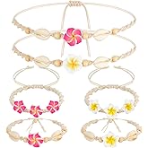 6 Pcs Hawaiian Hibiscus Bracelets for Women Plumeria Bracelet Hibiscus Jewelry Pink White Flower Tropical Boho Tween Girl Party Favors Hawaiian Bangles Adjustable Beach Anklet Accessories for Women