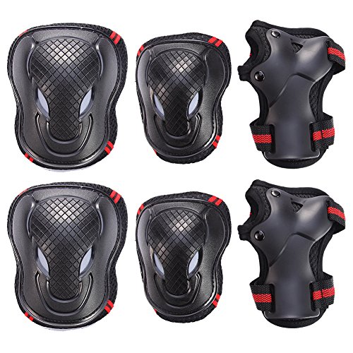 Gobike 6 in 1 Thicken Skateboard Cycling Roller Skating Outdoor Sport Blading Elbow Knee Wrist Protective Gear Pads Safety Gear Pad Guard for Adult & Child Kid Use - Red+Black Color