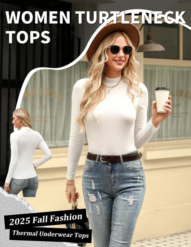 Marvmys Womens Long Sleeve Shirts Turtleneck Stretchy Fitted Casual Tops Basic Base Layer Soft Thermal Tee White 2XL