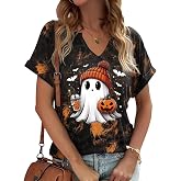 Earlymemb Women Fall Halloween Doodles V Neck Shirt Thanksgiving Casual Tee | Funny Spooky Season Family Party Celebration Short Sleeve Tee Pumpkin Top Holiday Stretchable Cotton Blend Soft