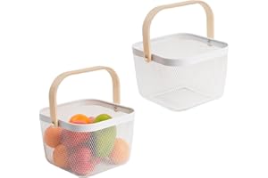 SANHSEHOME 2 Pack Metal Mesh Steel Basket, Garden Harvest Basket for Gathering Vegetables Square Wire Basket with Handle Storage Organizer Multi-functional Fruit Basket Bin for Kitchen Bathroom(White)