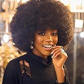 Aminow 70's Afro Wig for Women, Natural Black Short Afro Kinky Curly Wig, Glueless Synthetic Wig with Bangs, Puffy & Fluffy Bouncy Afro Wig for Daily Cosplay Party