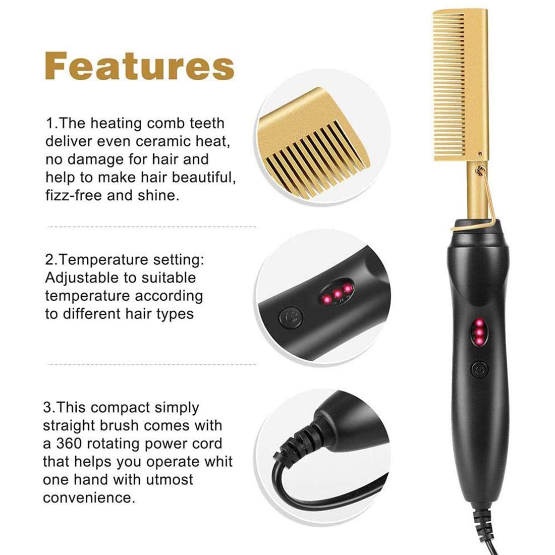 【Mode Works】Hot Comb Hair Straightener - Electric Straightening Comb for African American Hair and Wigs - Technology Hair Straightener for Wet and Dry Hair - Quick Heated Comb for Men Long Beard : Beauty