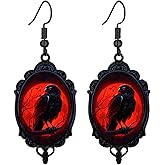 Dreuyet Gothic Raven Cameo Earrings for Women Vintage Crystal Glass Raven Crow Earring Punk Style Goth Mystic Victorian Earrings Halloween Witch Earring Jewelry