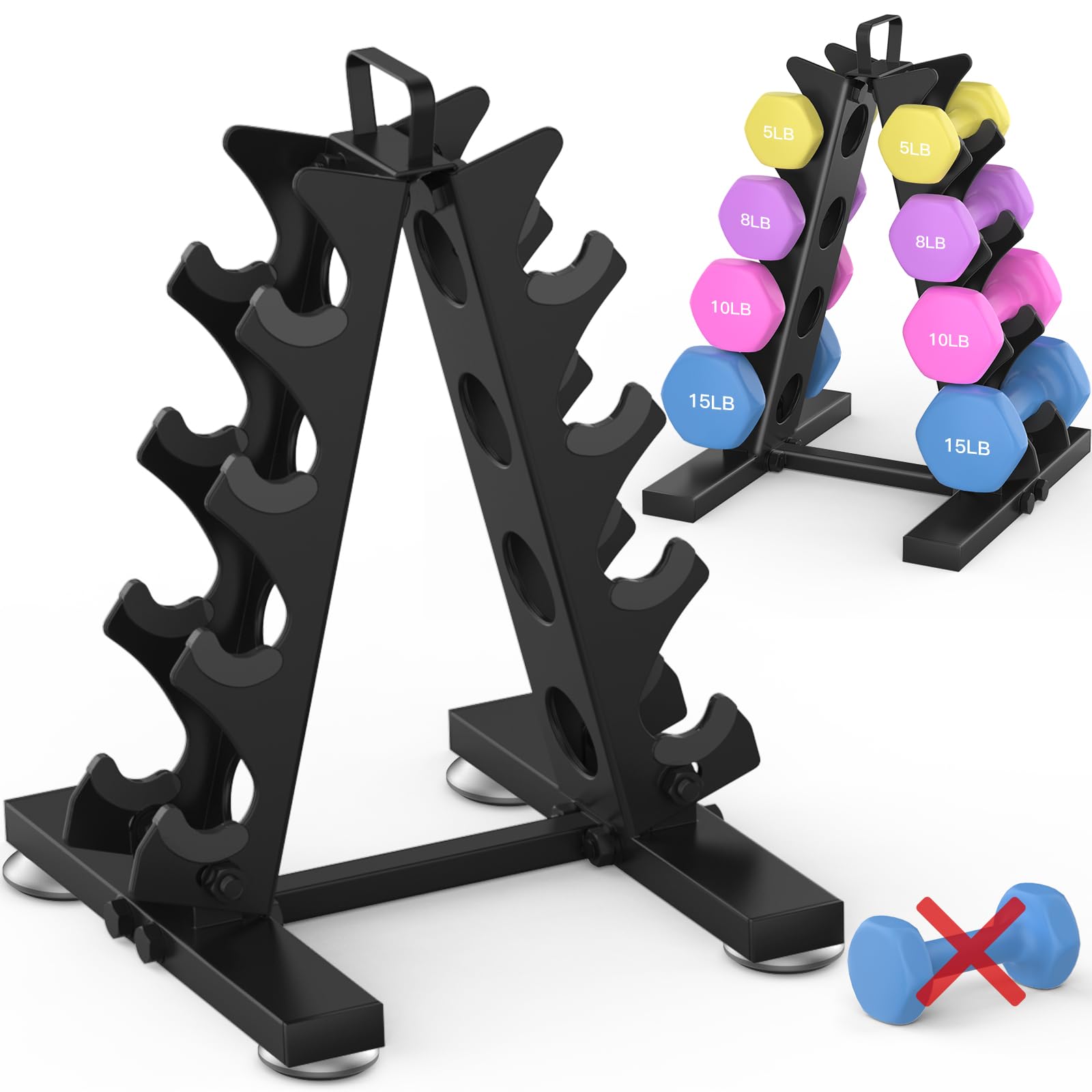 Photo 1 of TomCare 4 Tier Dumbbell Rack Stand Only, Weight Rack for Dumbbell Set (5-15 LB) Home Gym Storage Rack for Weights Metal A-Frame Strength Training Dumbbell Racks with Handle (Dumbbells not Included)