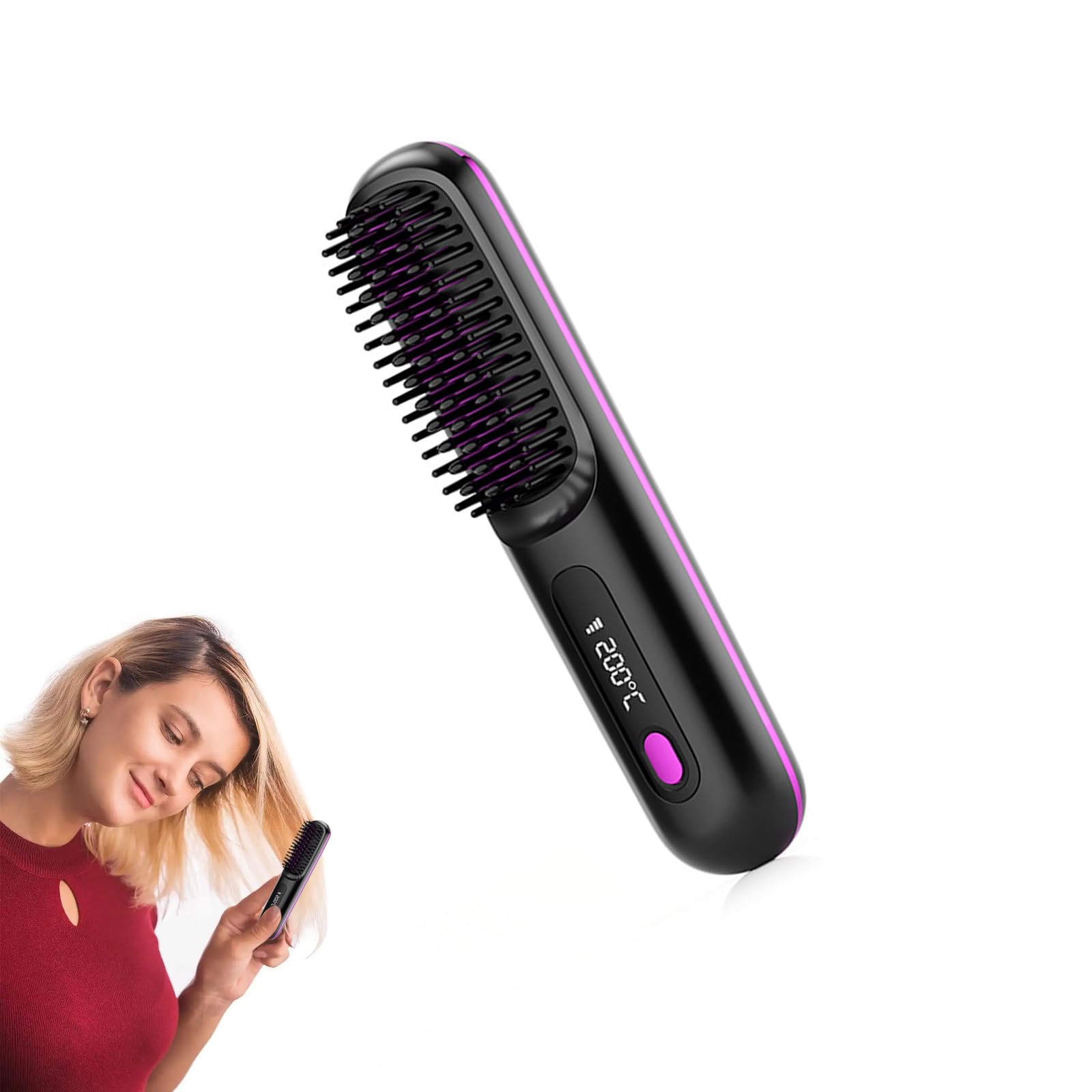 Cordless Hair Straightener Brush, 2000mA Portable Heated Comb for Travel, USB Rechargeable Mini Hair Straightening Brush with 3 Temperature Settings, Anti-Scald & Auto-Off for Women & Men, Beard Strai