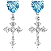 AENEAS Valentines Day Gifts for Women Cross Dangle Drop Earrings for Women Sterling Silver Blue Topaz Cross Dangling Stud Earrings Blue Topaz Jewelry Anniversary Christmas Birthday Gift for Wife Her Mom