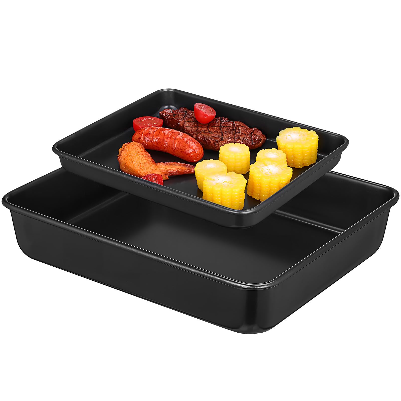 Kichvoe 2 Pcs Non-Stick Stainless Steel Oven Trays Black Baking Trays Set for Roasting Baking Cooking Large Deep 13 Inch Shallow 11 Inch Cookie Sheet Pan Heavy Duty Kitchen Bakeware Dishwasher Safe