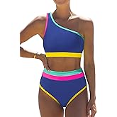 popvil Women's One Shoulder Swimsuit : Neon 2 Piece High Waisted Bikini Sets Cute 2026 Color Block Bathing Suit