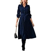 YEXPINE Women's Corduroy Midi Dress Long Sleeve Button Down Belted Flowy Shirt Dress with Pockets