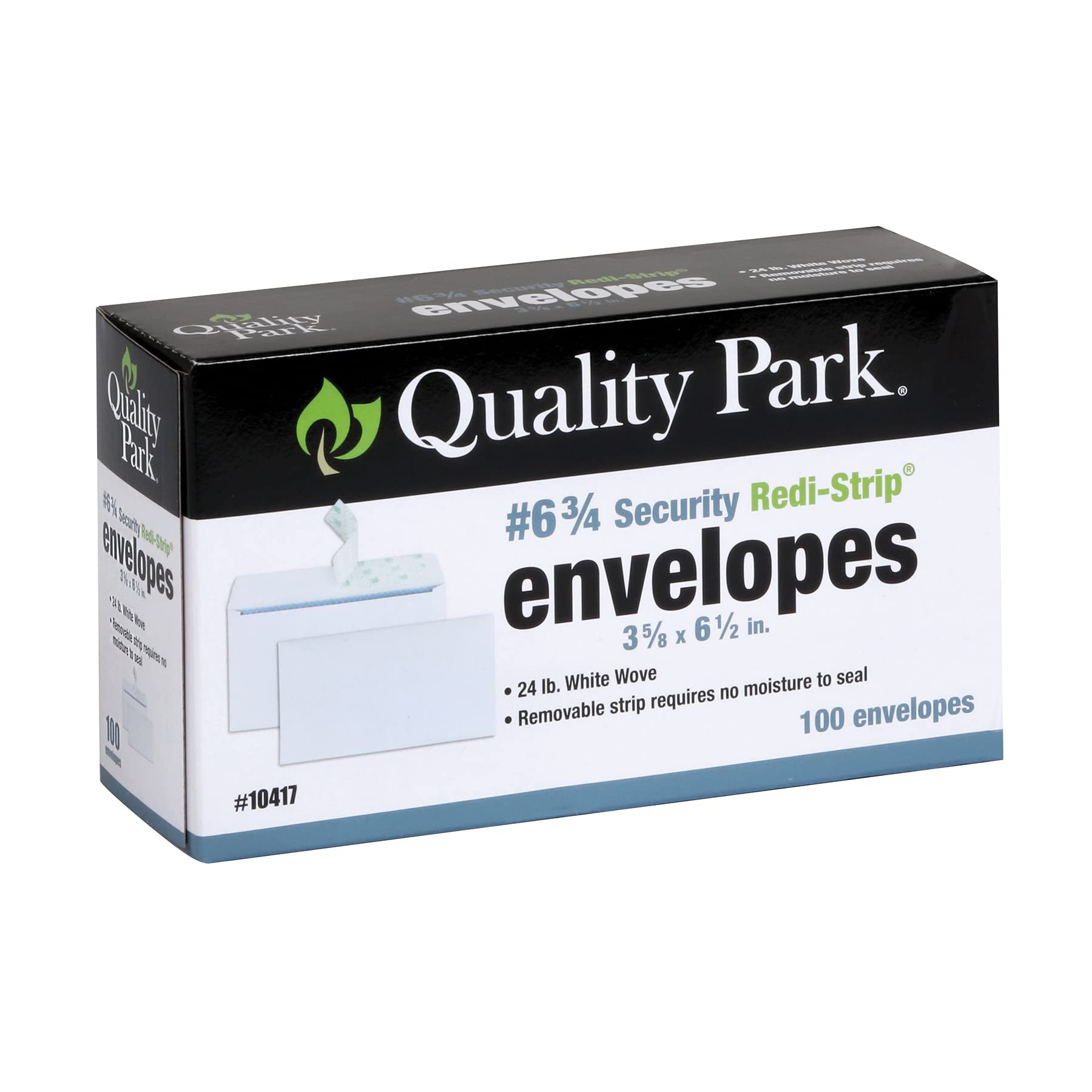 Photo 1 of Quality Park #6 3/4 Self-Seal Security Envelopes, Security Tint and Pattern, Redi-Strip Closure, 24-lb White Wove, 3-5/8 x 6-1/2, 100/Box (QUA10417)