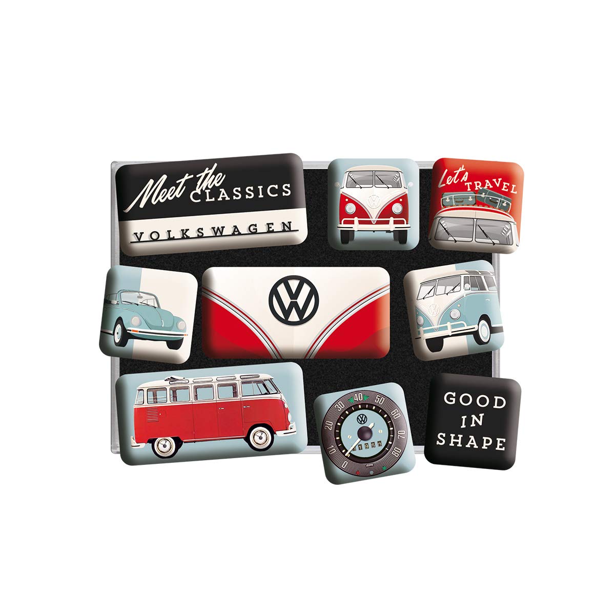 Nostalgic Art Retro-Style Fridge Magnets, VW Meet The Classics – Gift idea for Volkswagen fans, Magnet set for notice board, vintage design, 9 pieces