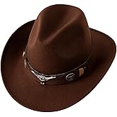 Classic Felt Cowboy Cowgirl Hat Vintage Fedora Hat Wide Brim Western Cowboy Hats with Buckle Belt for Women Men