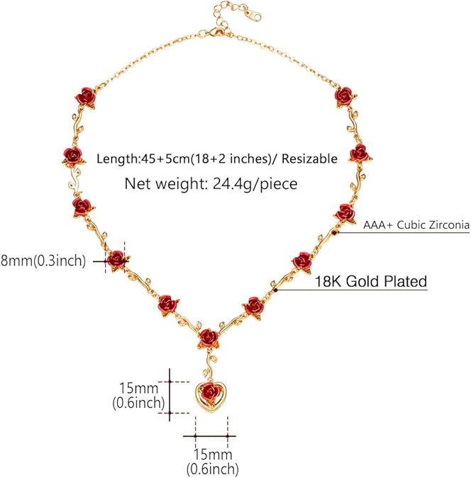 U7 Bijoux Fantaisie Pour Femme Fille à Personnaliser Collierbracelet Projectifbague Ouverteboucles Doreilles Plaqué Or Fleur Rose Rouge Avec