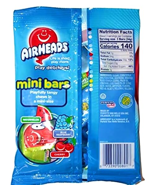 AIR HEADS MINI BARS CANDY CHEWS – ASSORTED FLAVORS – WATERMELON, BLUE RASPBERRY, CHERRY 3.62 OZ(PACK OF 6)