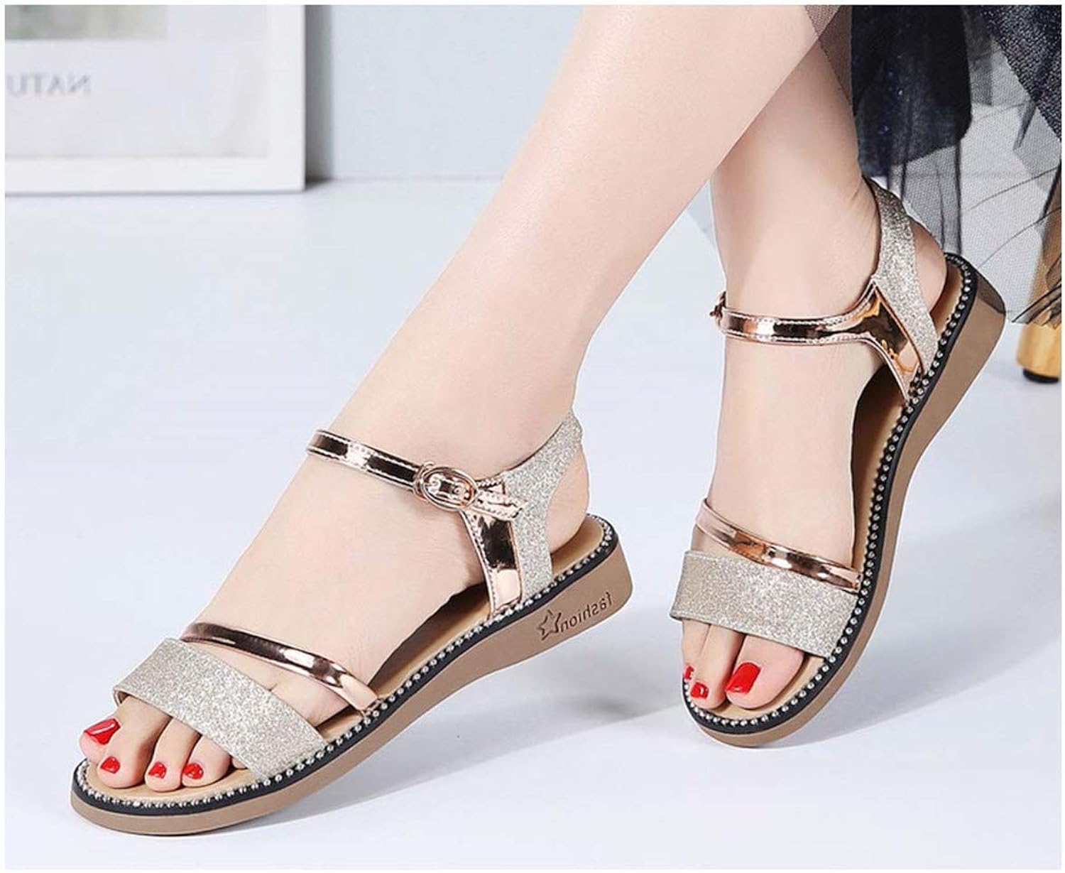 Amazon.com: ANZLOU& Summer Sandals Women Shoes Ladies Black Gold Flat Sandals Women Flat Heel: Shoes