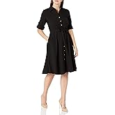 Sharagano Womens Button Front Pleated Shirt Casual Dress, Very Black, 10