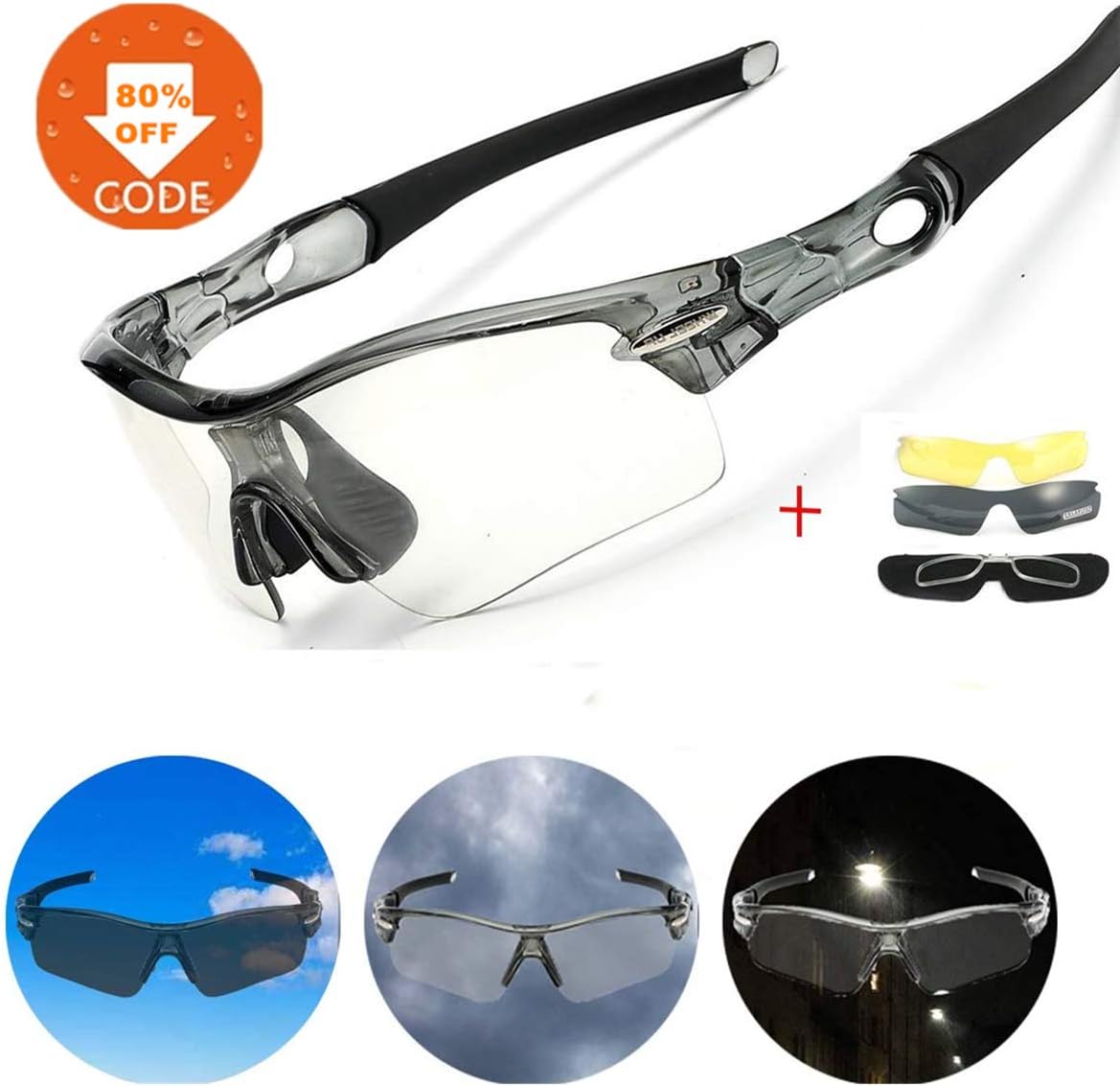 Cycling Glasses,CAMTOA Self-adjustable(Lens Colour) Sun Glasses/UV400 Sports Sunglasses/Windproof Eye Protection for Outdoor Fishing Driving Tennis Cricket Golf Biking Running withCase & Polarized Len