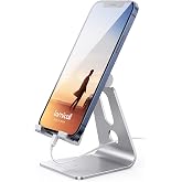 Lamicall Aluminum Cell Phone Stand, Adjustable Desk Phone Holder for iPhone | Adjustable Viewing Angle, Stable Anti-Slip Base, Case Friendly for iPhone 17 16 15 14 Pro Max, Office Desk Essential, Silver