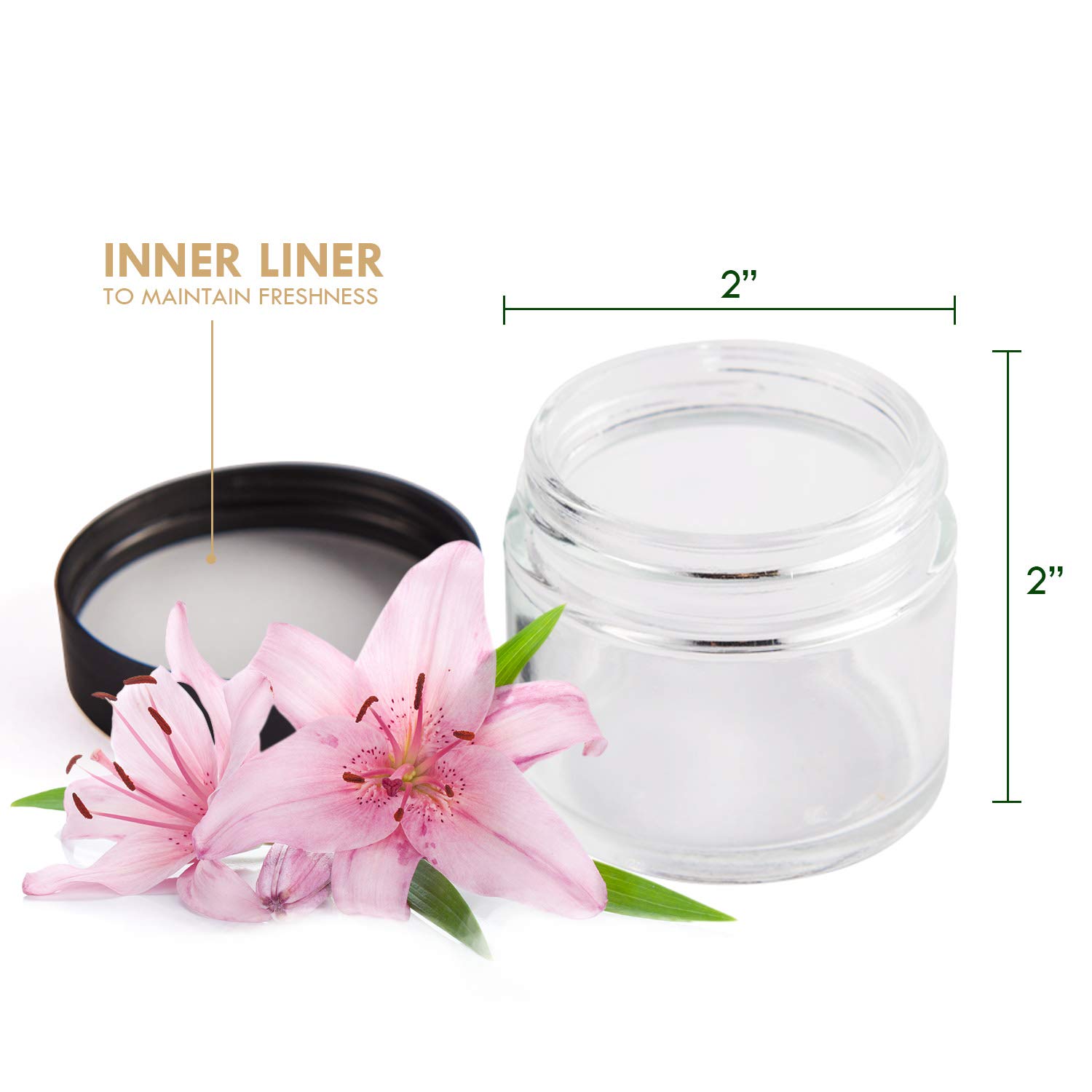 11 Hoa Kinh 2oz Glass Jars 24 Pack, Hoa Kinh Mini Round Clear Glass Jars with Inner Liners and Black Lids, Perfect for Storing Lotions, Powders and Ointments