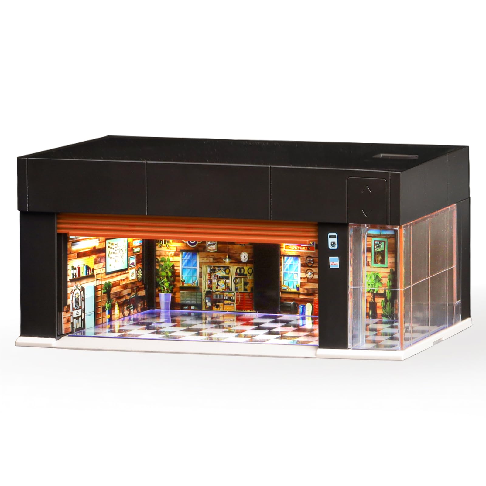 Photo 1 of MOCBURIKU 1/64 Scale Diecast Display Case for Hot Wheel Storage with LED Lights, Stackable Electric Garage with Voice Control, 3 Replaceable 3D Scenes Parking Lot Diorama for Model Cars (Brown)